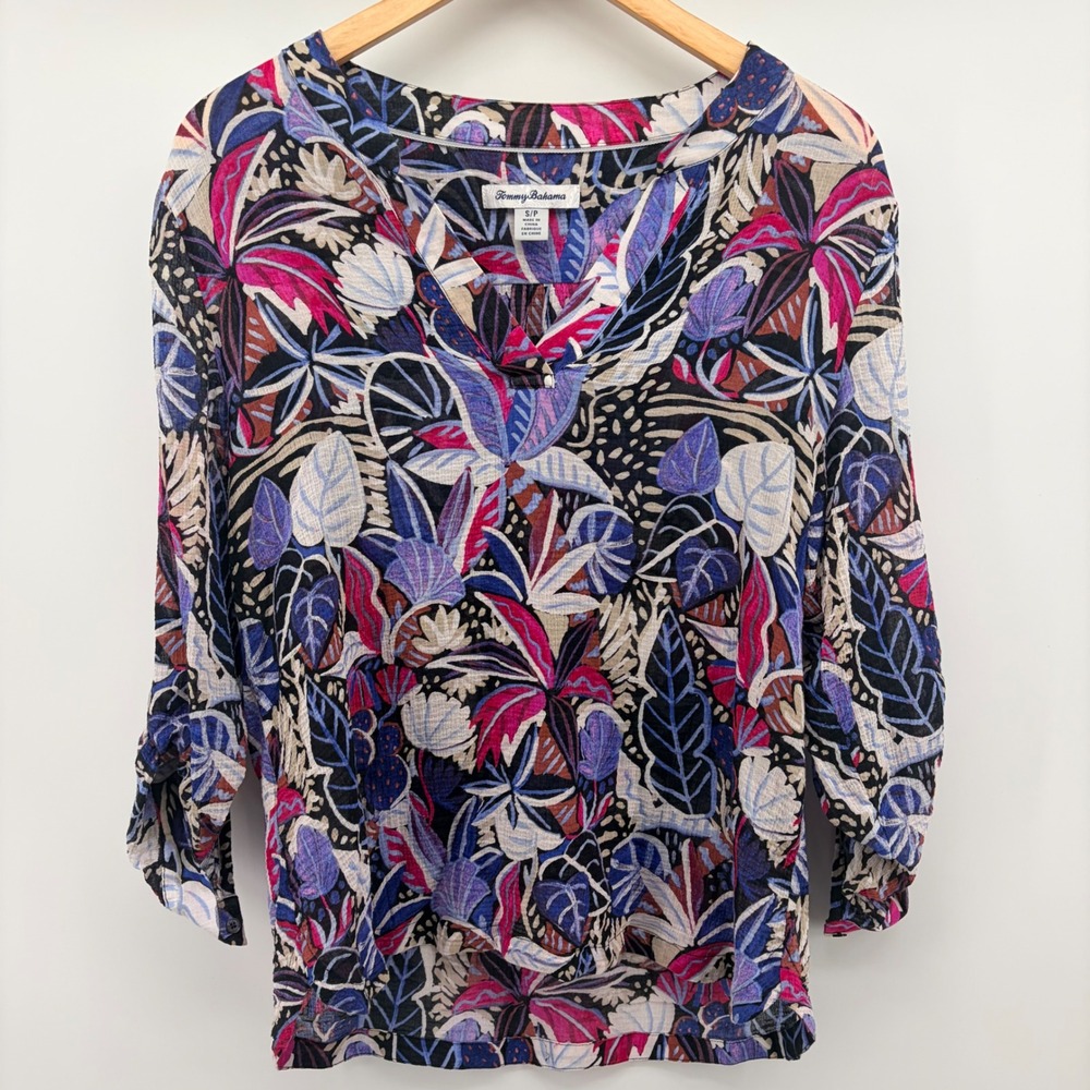 Tommy Bahama Blouse Womens Small Multi Tropical Leaf V-Neck 3/4 Roll Tab Sleeve